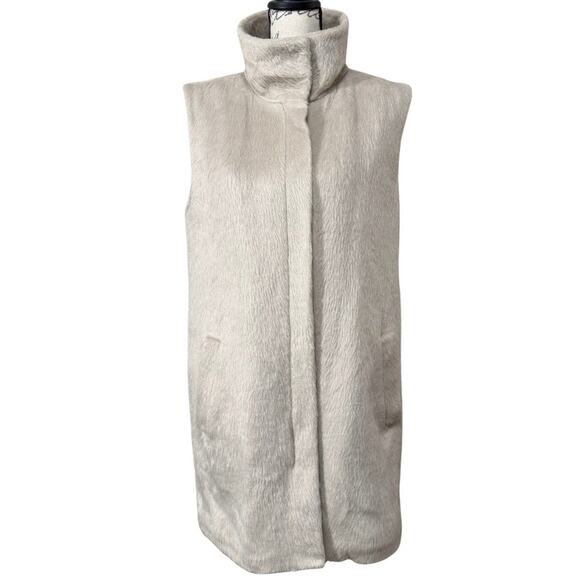 Theory VISTERNA Combed Faux Fur Vest Size L Taupe Long Line Zip Front EUC